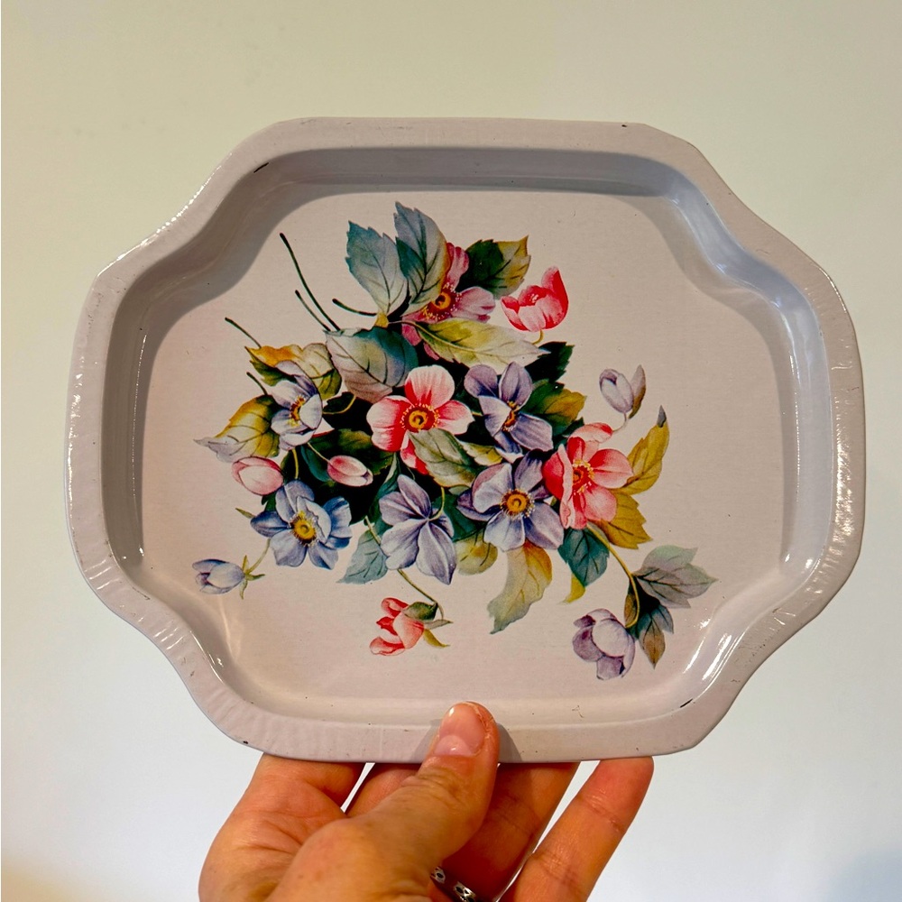 Vintage Tray Metal trinket tray flowers floral home decor women jewelry accent